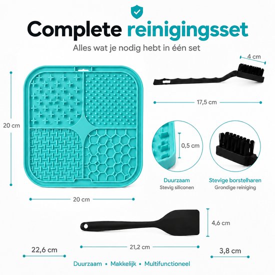 Paarse en blauwe likmatten, 20x20 cm, met gereedschap: spatel 21,2 cm, borstel 17,5 cm.