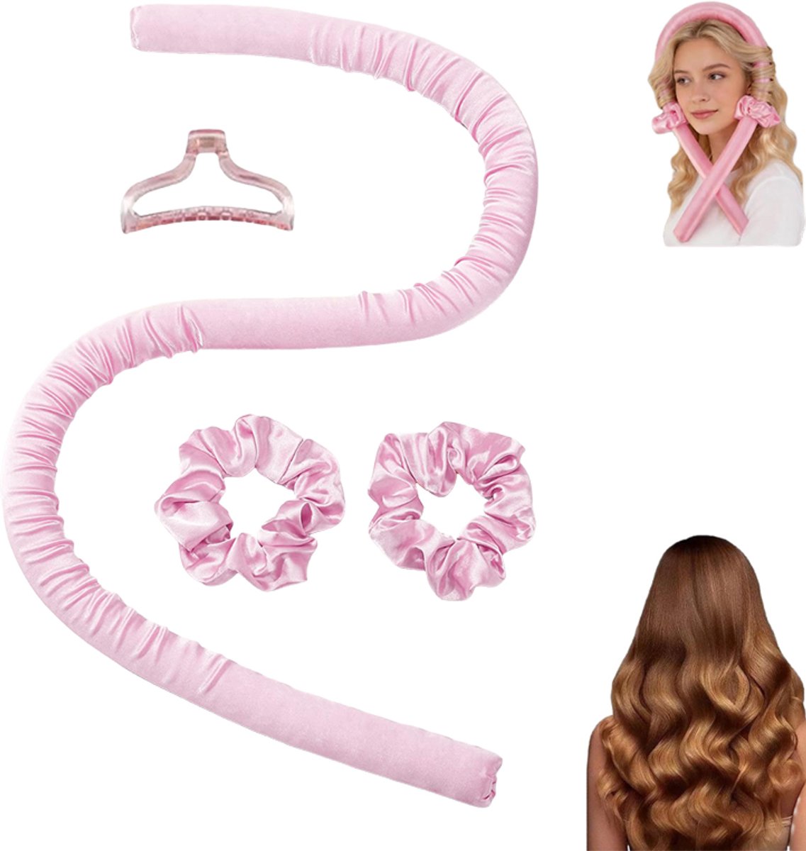 Heatless curls satin - Hittevrije krulband - Heatless curls - met haarclip en 2 scrunchies - flexibel rubber - Roze - eenvoudig in gebruik, zachte golven - geschikt voor thuis en reizen