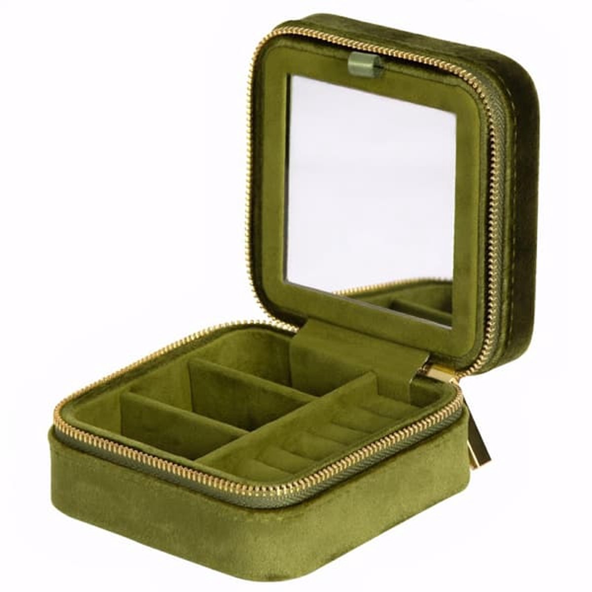 Fluwelen sieradendoosje, kleine reis-sieradenorganizer, draagbaar sieradendoosje voor dames, met spiegel, groen mini pluche reisdoosje