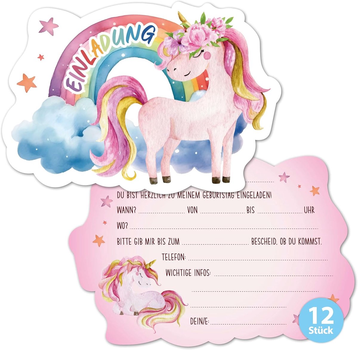 BIROYAL Eenhoorn uitnodigingskaarten voor kinderverjaardag meisjes, 12 stuks verjaardagsuitnodigingen meisjes, 143 x - ShopVlot