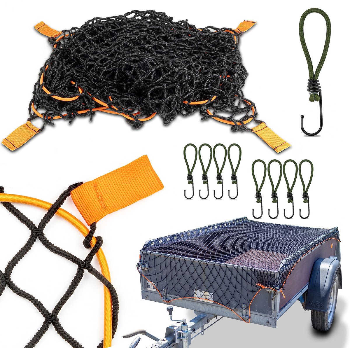 SnelShoppen - CargoVA® Intelligent Aanhangwagennet Rekbaar 1x2 tot 2x3 M - Elastisch Zwart Aanhangwagennet met Rubber Koord, 8 Haken en Hoekmarkering