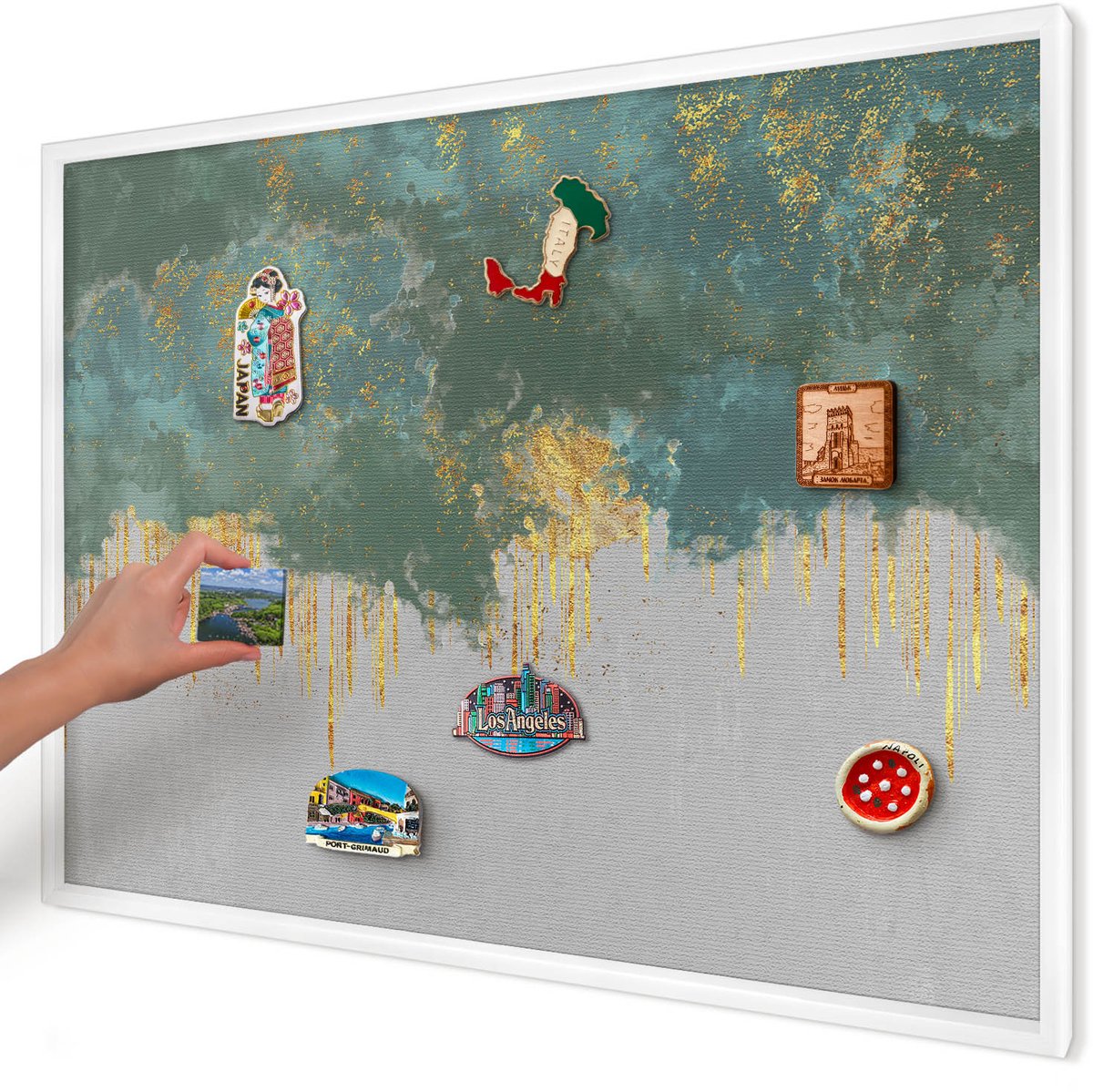 Artprintcave Turkoois Magneetbord mit Witte Lijst - 100x70 cm - Turquoise Abstractie Memobord Keuken - Abstract Magneet Bord mit Frame - Abstractie