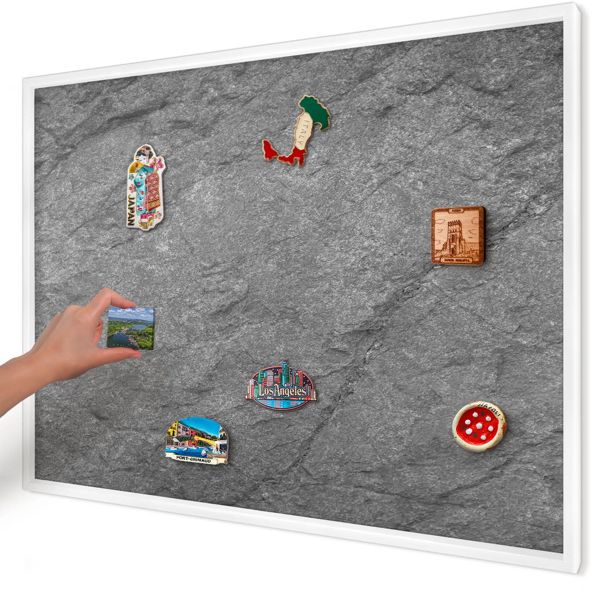Artprintcave Grijs Magneetbord mit Witte Lijst - 100x70 cm - Grijze Steen Magnetisch Bord Voor Magneten - Minimalist Magneetbord Voor Foto's - Texturen