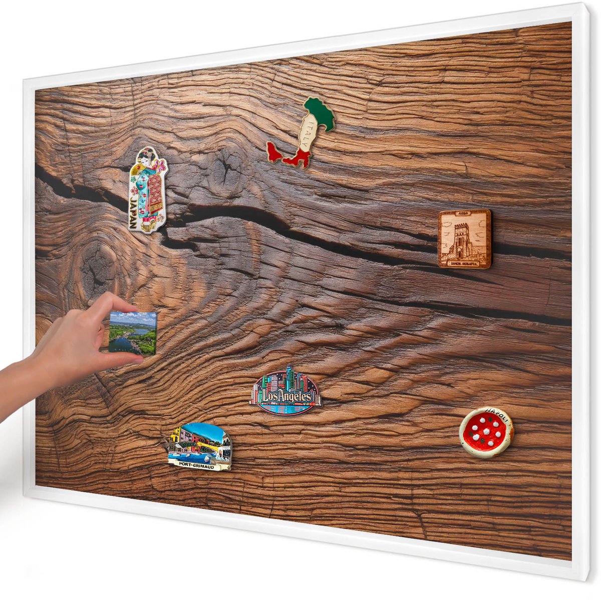 Artprintcave Bruin Magneetbord mit Witte Lijst - 100x70 cm - Houtstructuur Magneet Bord mit Frame - Rustiek Magnetisch Bord - Texturen
