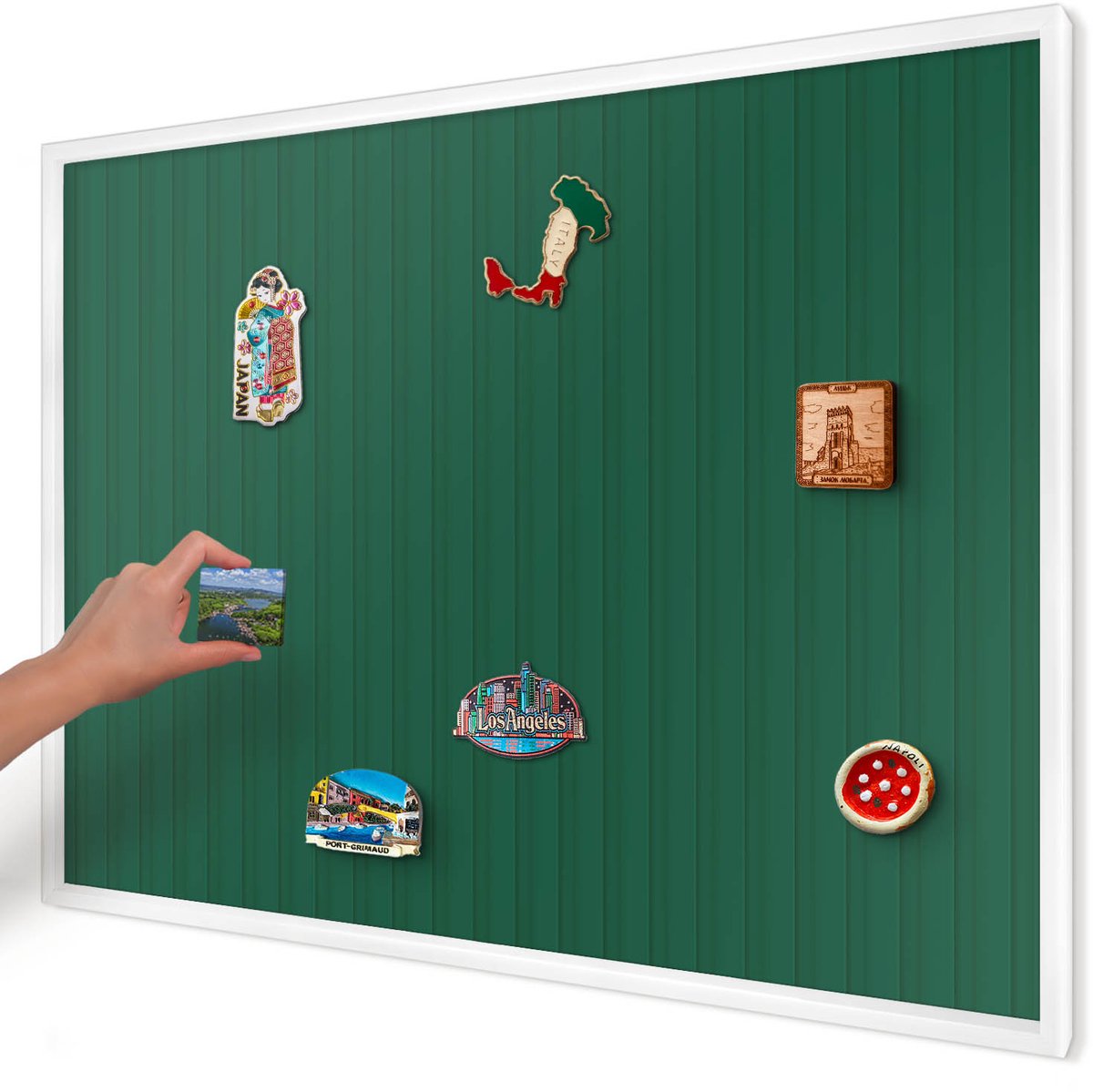 Artprintcave Groente Magneetbord mit Witte Lijst - 100x70 cm - Groene Strepen Magneetbord Voor Foto's - Minimalist Magnetisch Bord Voor Magneten - Achtergronden En Patronen