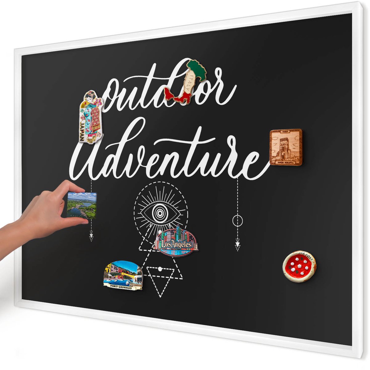Artprintcave Zwart Magneetbord mit Witte Lijst - 100x70 cm - Buitenavontuur Notitiebord - Typografisch Magnetisch Bord - Teksten