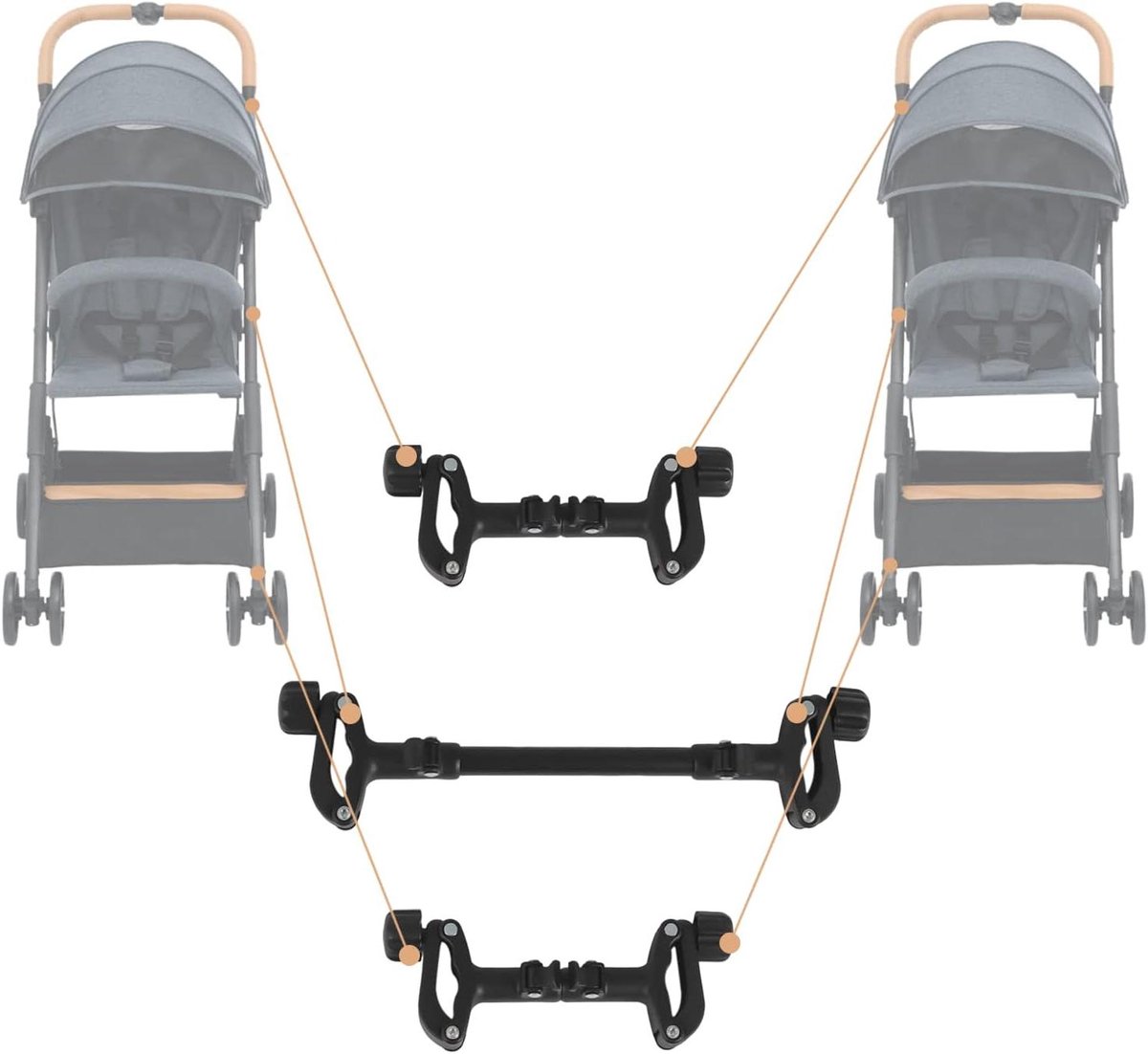 Kinderwagen Verbindingstukken - Koppeling Set - Twee Kinderwagens Koppelen - Verstelbare Lengte - 3 Stuks - Zwart