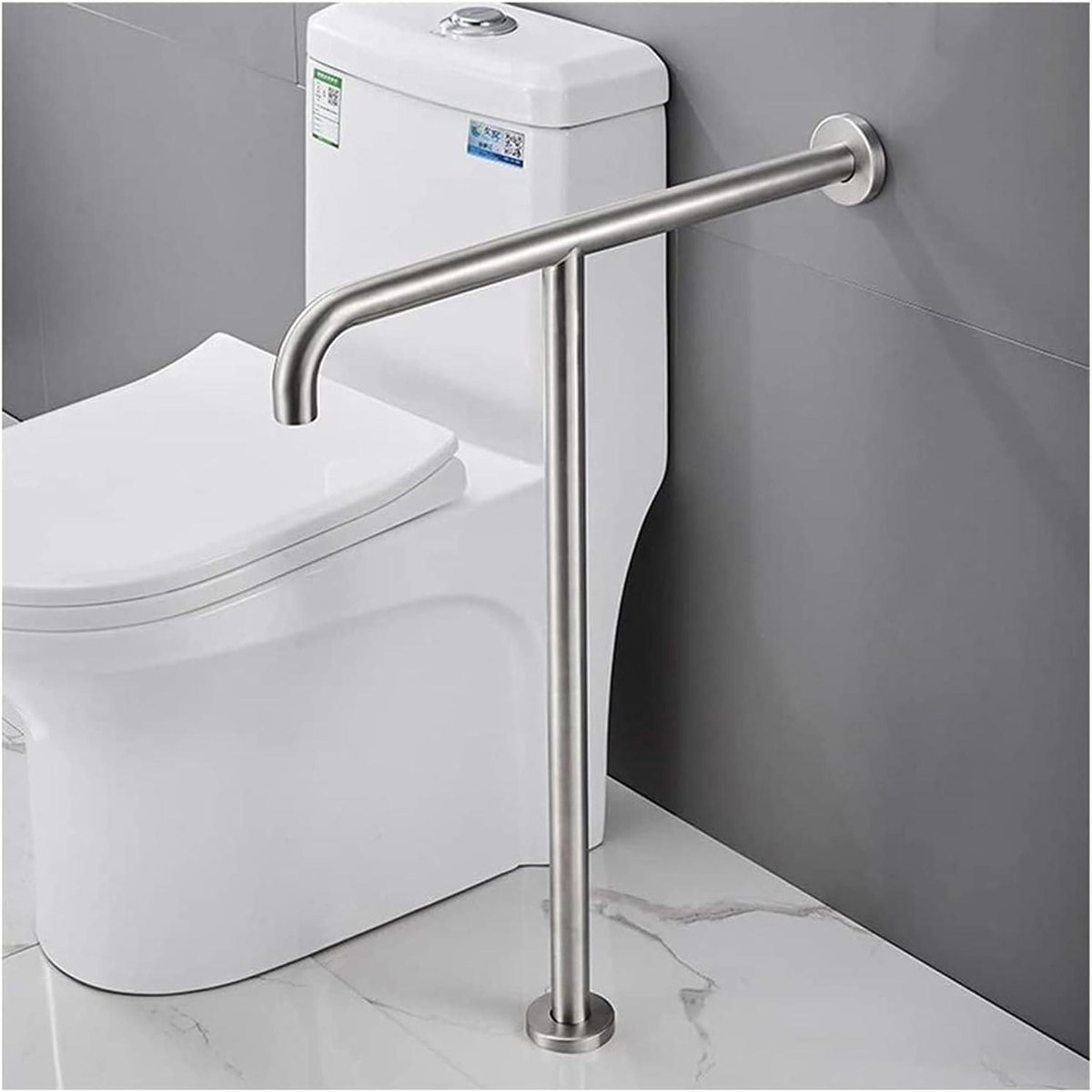 Wandgemonteerde Toiletbeugel - Veiligheidsbeugel Badkamer - Ondersteuning Thuiszorg - T-vormige Handgrepen - 32mm Diameter - Zilver