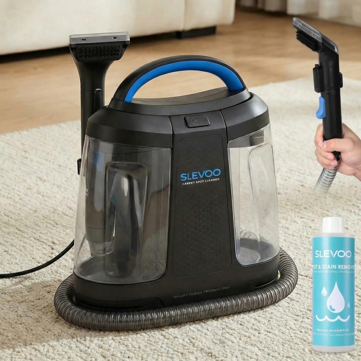 SnelShoppen - Draagbare Bekledingreiniger 450 W - Krachtige Natzuiger met Reinigingsoplossing - Voor Tapijten, Banken, Auto, Huisdieren, Zwart + Blauw
