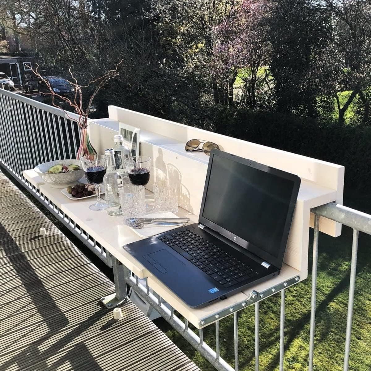 SnelShoppen - Vouwbare Balkon tafel - Balkon bar - Balkon tafel 145 cm - Hout - Wit gewassen - Rail Smal - Ruimtebesparend - Eenvoudige montage