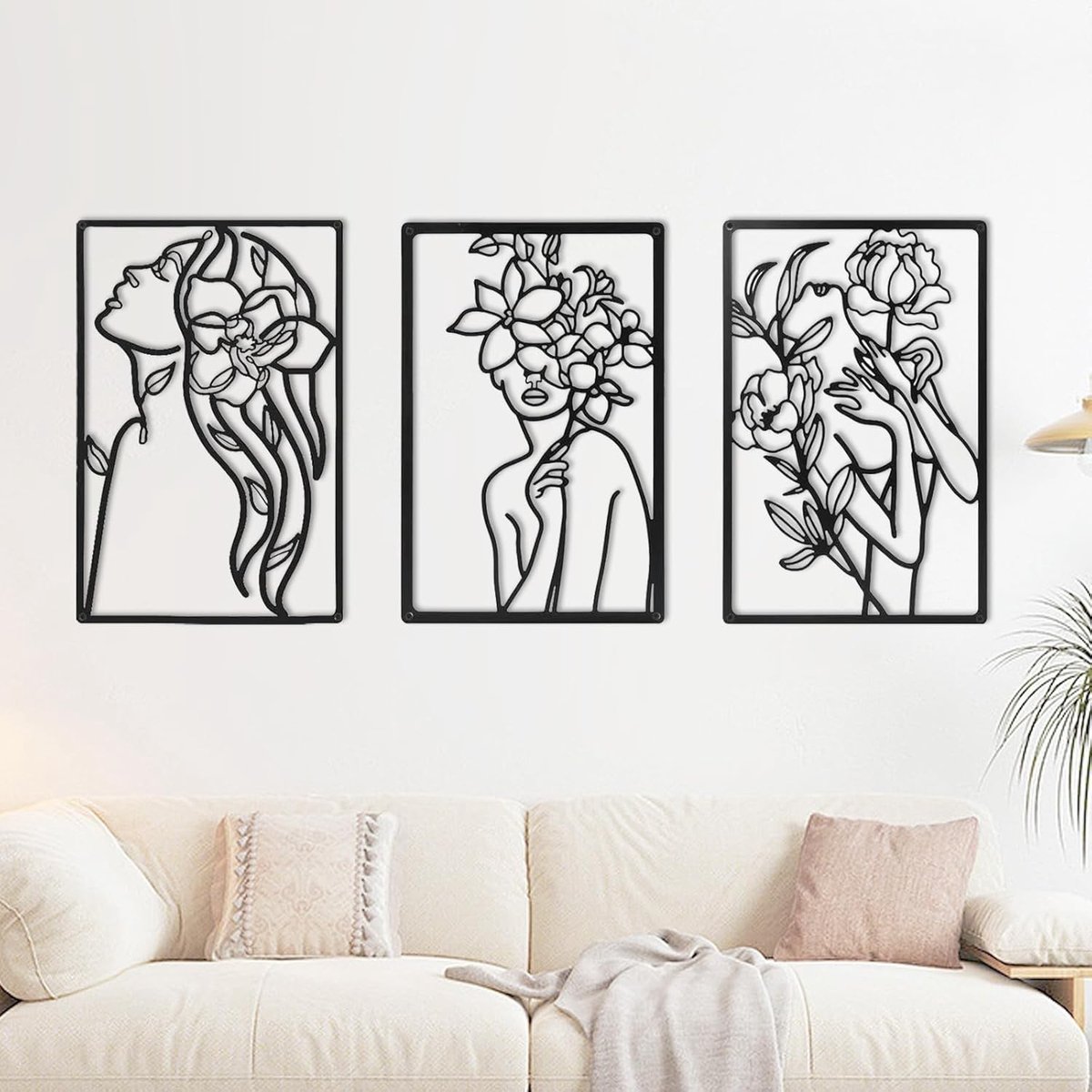 Abstracte metalen wanddecoratie set van 3 - Minimalistische zwarte lijnkunst voor woonkamer en slaapkamer