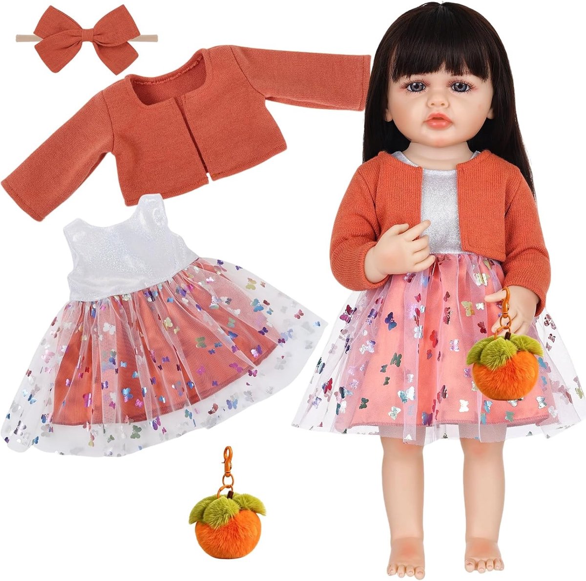 Jurk voor poppen van 50-55 cm met oranje tule rok, perfect voor speelplezier en creativiteit