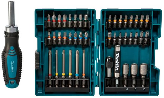 Makita schroevendraaier met bithouder, naast een opengewerkte koffer met 44 boren in verschillende maten en kleuren.