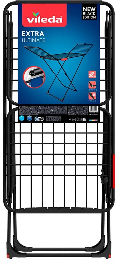 Étant donné que l'image ne montre pas le produit en cours d'utilisation ou porté par un mannequin, et qu'il n'y a pas de texte pertinent dans l'image qui doive être traduit, j'ai généré une description basée sur le nom du produit. Vileda Extra Ultimate séchoir, édition noire, avec cadre en X, 20m de longueur de séchage.
