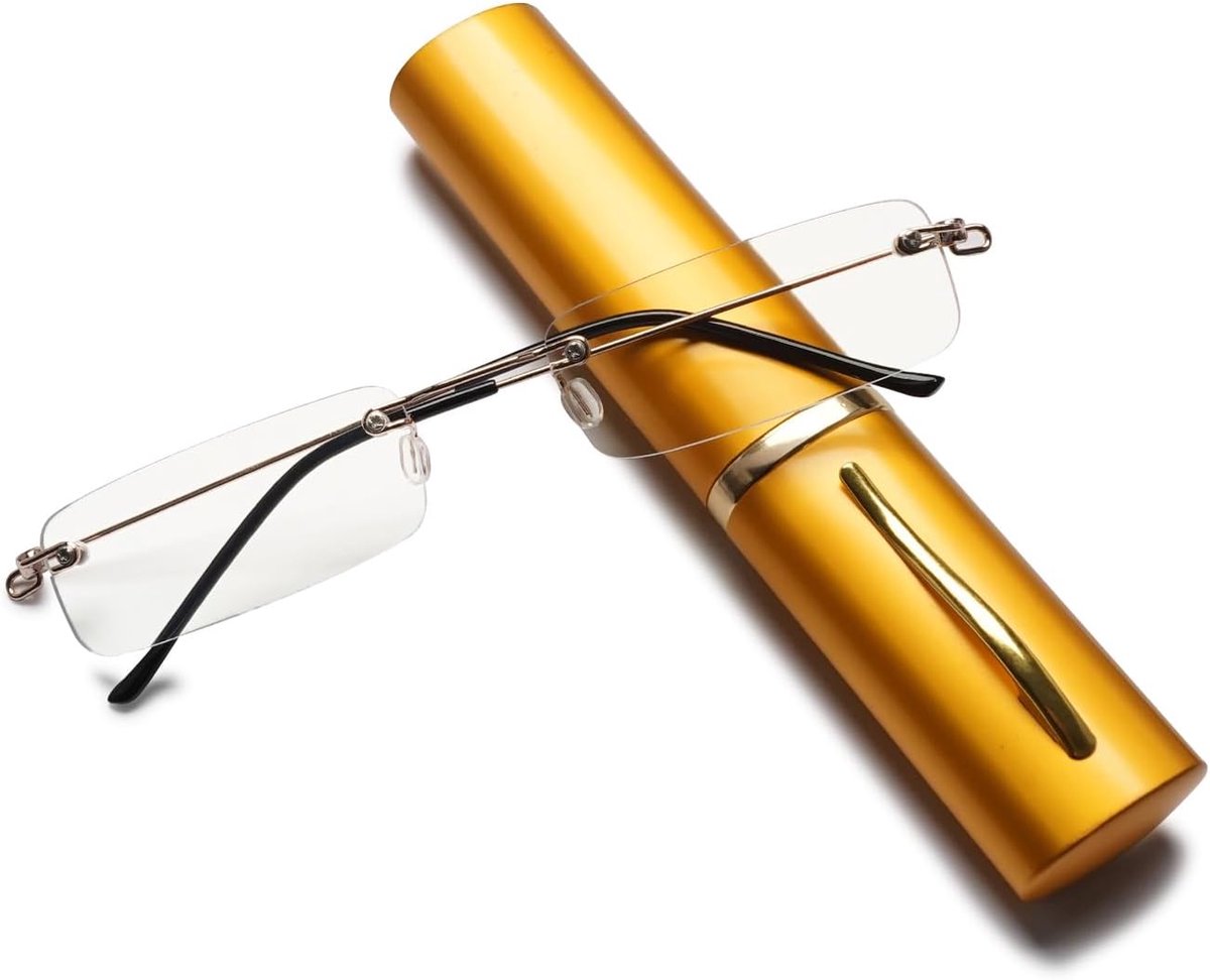 mini, randloos blauwlichtfilter, voor dames en heren, smal, metaal, zonder frame, compact, leeshulp met etui