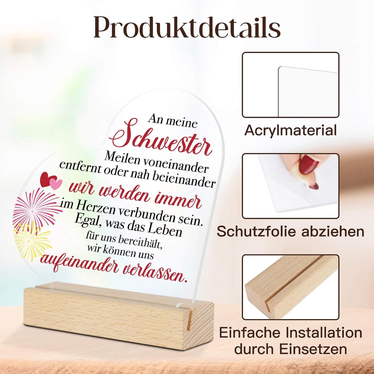 Decor Acryl decoratie met houten sokkel - Aan mijn zus - hartelijke