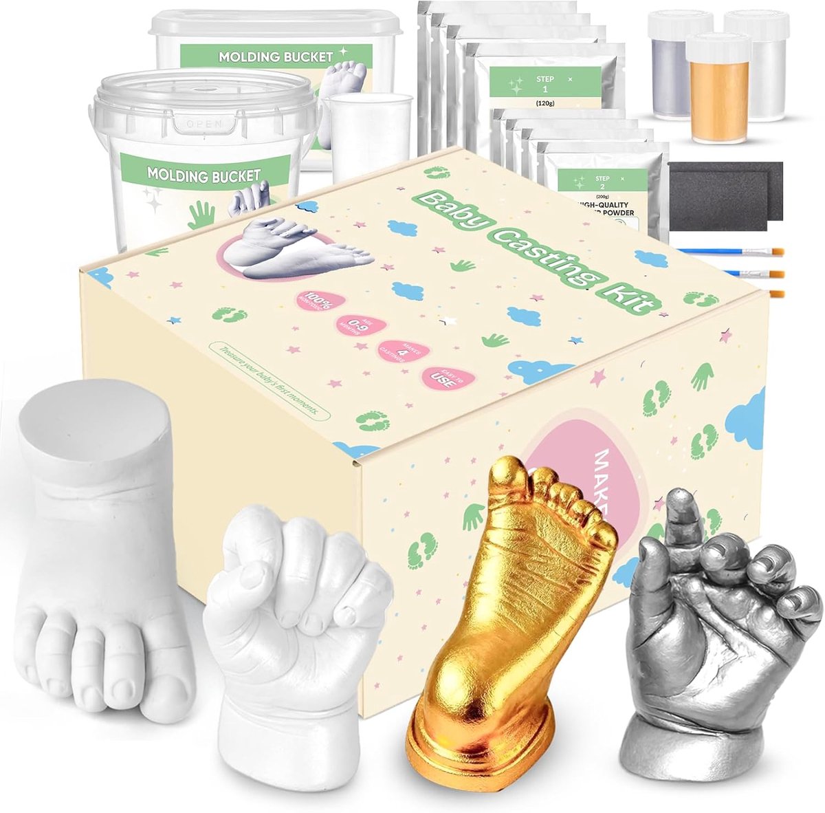 Casting Kit, niet-giftige babyhand- en voetgietset, 3D handgietset met verf, 4 gietstukken, gepersonaliseerde aandenken, babyshower geschenken, cadeau voor nieuwe ouders