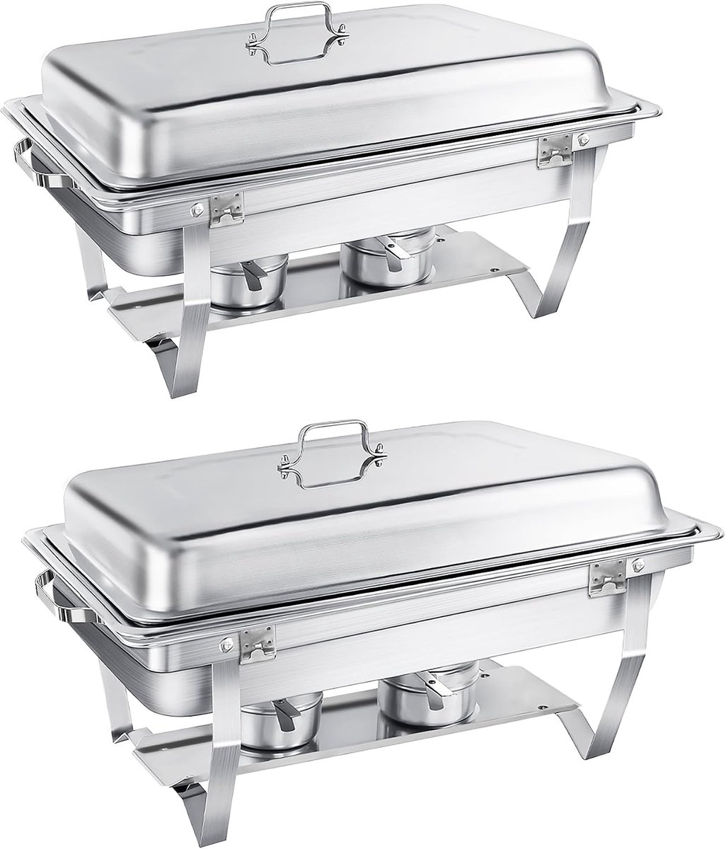 Dish-buffetset, roestvrijstalen chafer met grote pannen, rechthoekige catering-warmtebeker met deksel, waterpan, klapstandaard, brandstofreservoir, lepel, clip, voor elk (2)