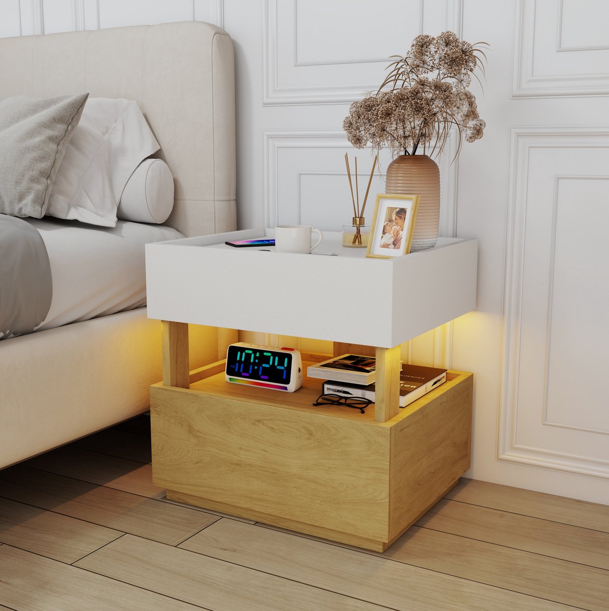 MIVRAY Bedtafel - Moderne Bedtafel Met 2 Lades, LED Sfeerverlichting En Draadloos Laden - Voor Slaapkamer - Naturel Hout Wit - 50x40x50 Cm