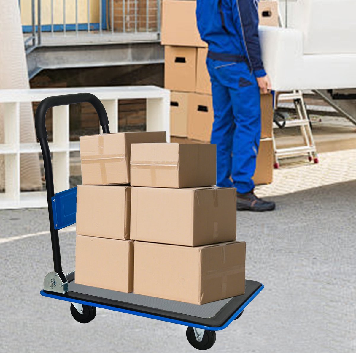 Platformhandwagen – Opvouwbaar – 73 x 47 x 83 cm – Staal – Blauw – 360 Graden Zwenkwielen – 150 kg