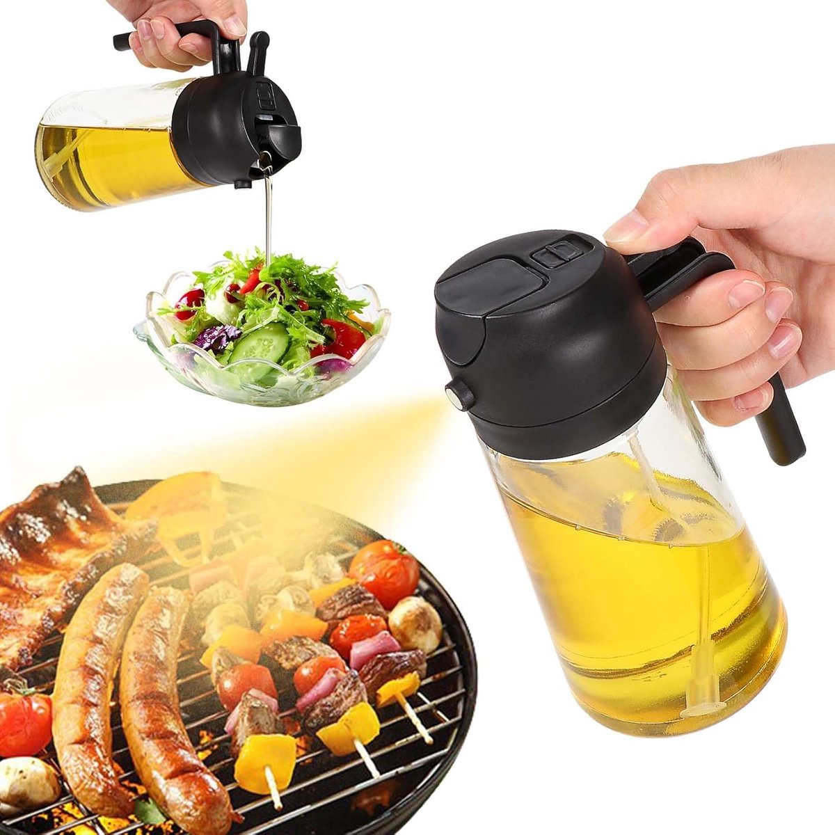 Oliesproeier voor friteuse, glas, wit | Oliesproeier voor luchtfriteuse, spray en uitgieten, grillen en salade, gecontroleerde dosering en lekvrij