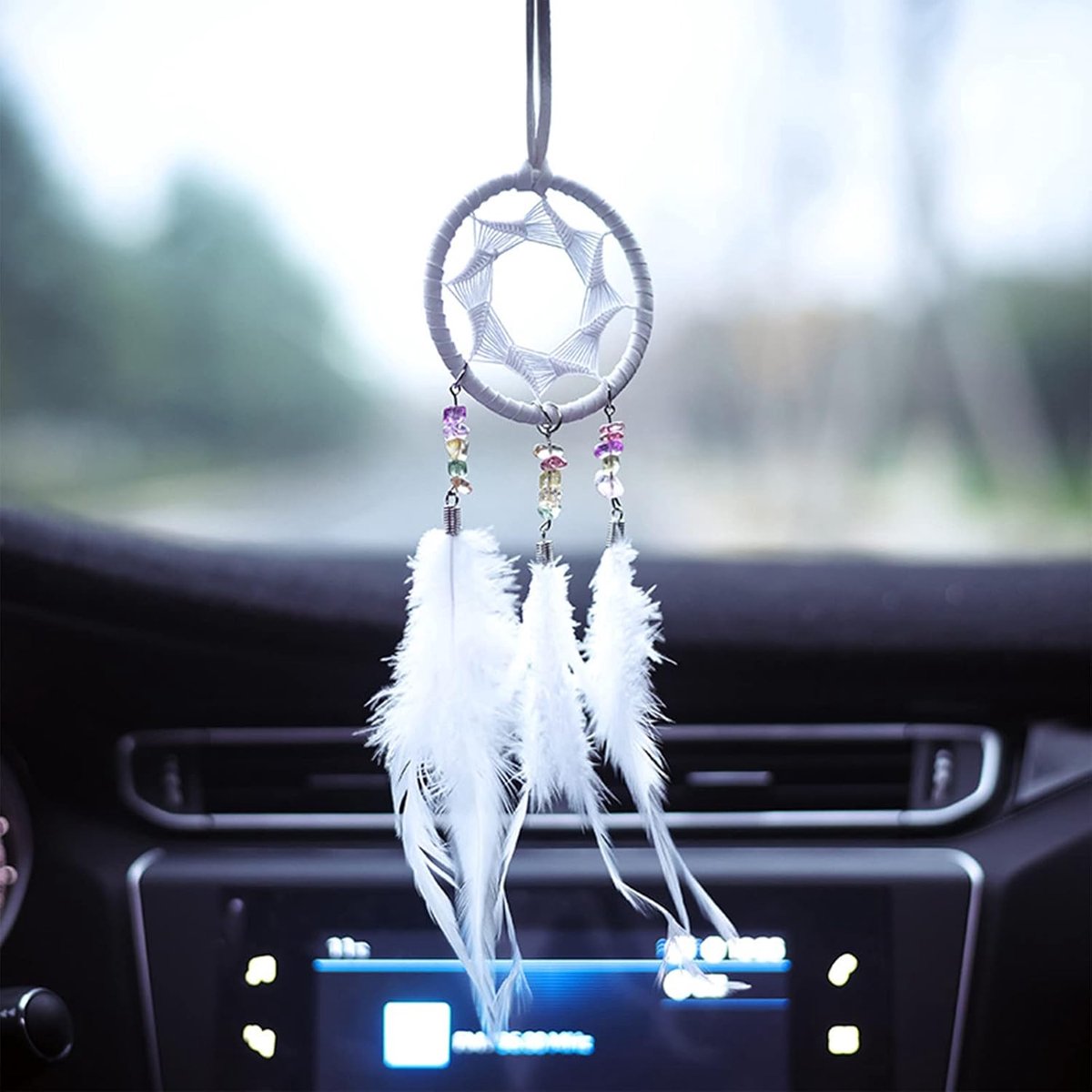 dromenvanger, handgemaakt, veer, dromenvanger, met parels, dromenvanger, auto, binnenspiegel, decoratief, handgemaakt voor ornamenten, huisdecoratie, geschenk (wit)