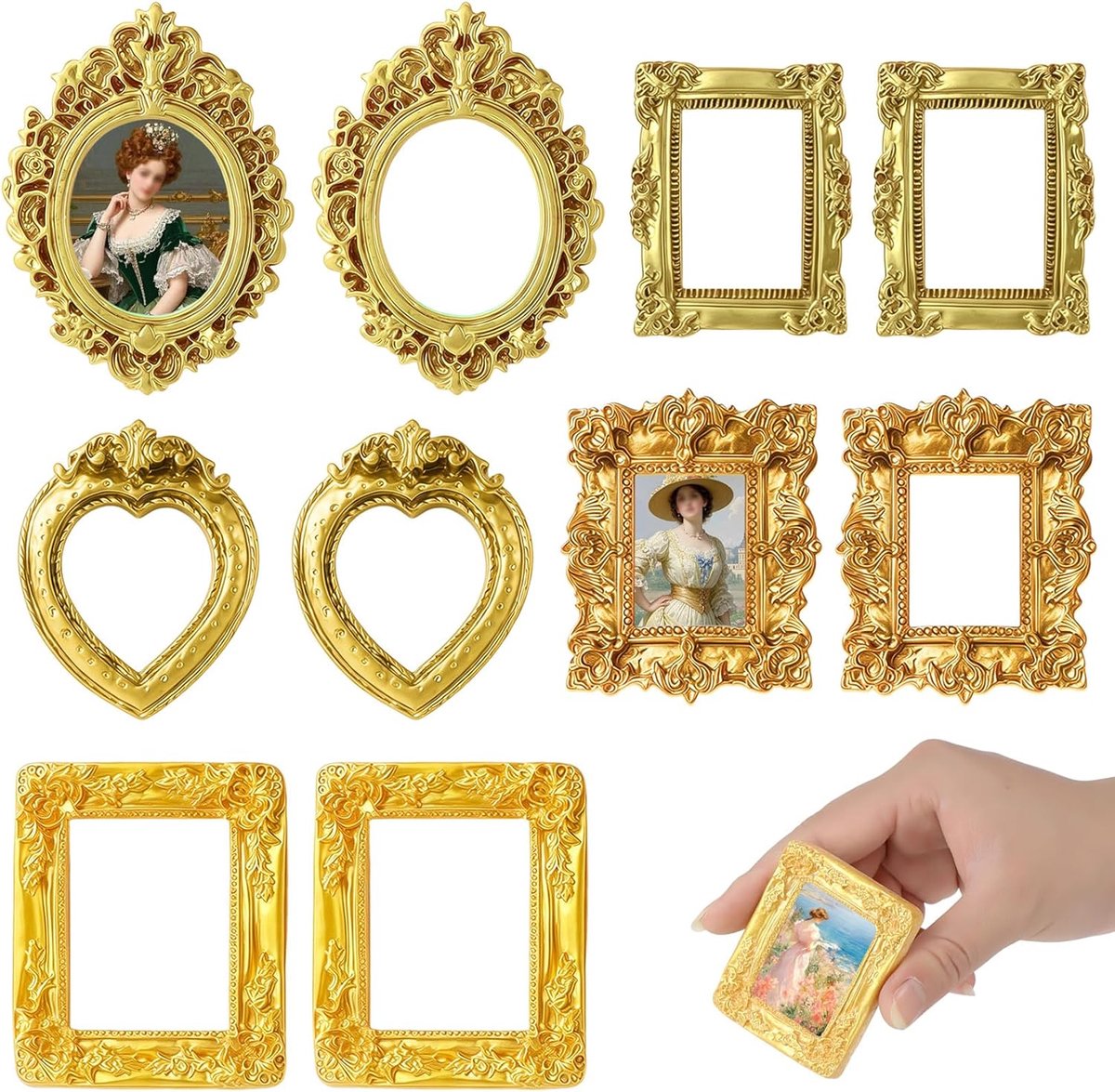 SnelShoppen - 10 Stuks Mini Fotolijsten Vintage, Barokke Hars Lijsten, Gouden Kleur Kleine Portretlijsten voor DIY, Wanddecoratie, Trouwen, Kerst (5 S