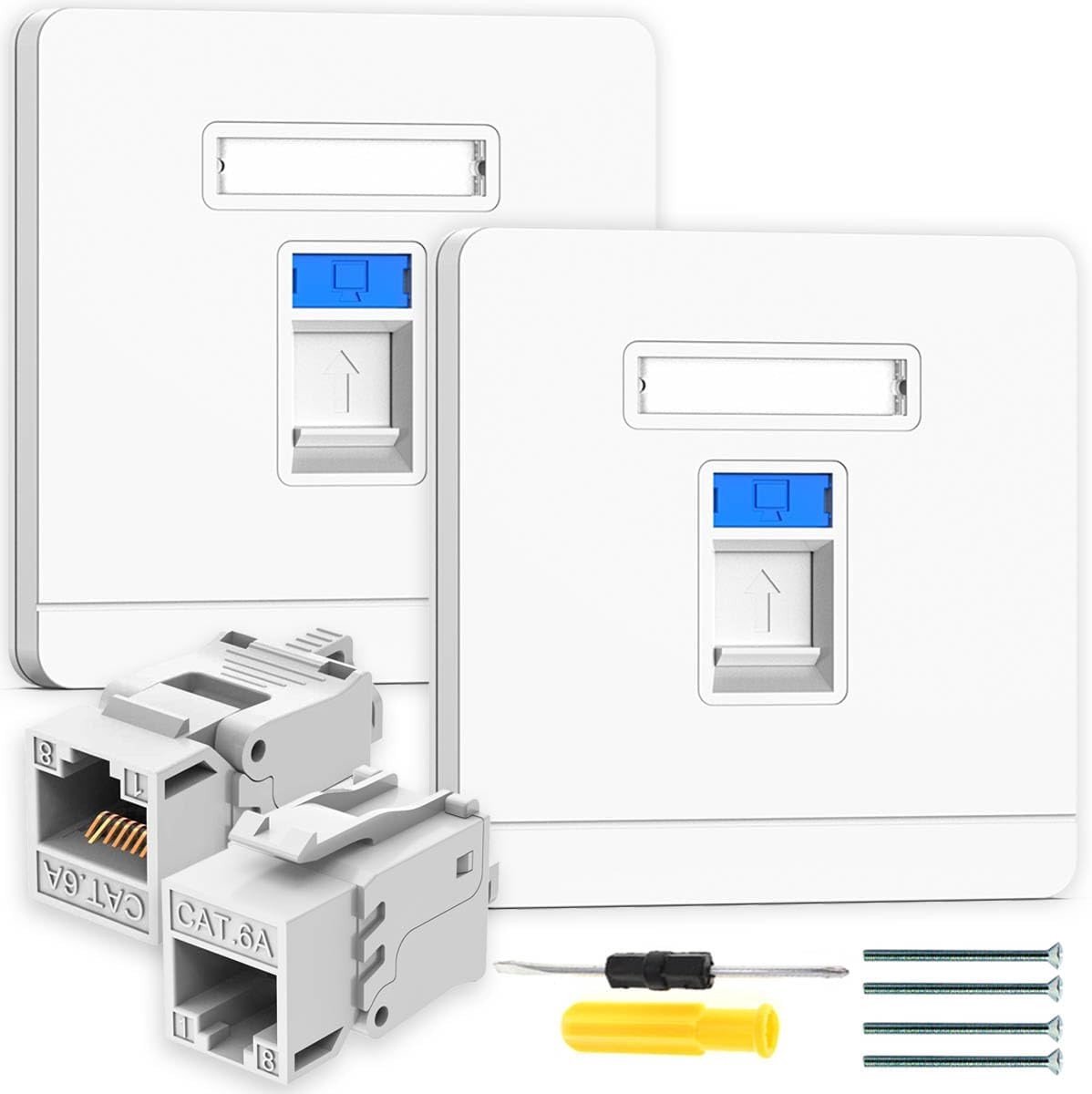 Set van 2 RJ45 Ethernet Sockets met Faceplate en Keystone Jacks voor CAT5e Netwerkverbindingen, Ideaal voor Printers en VoIP-installaties