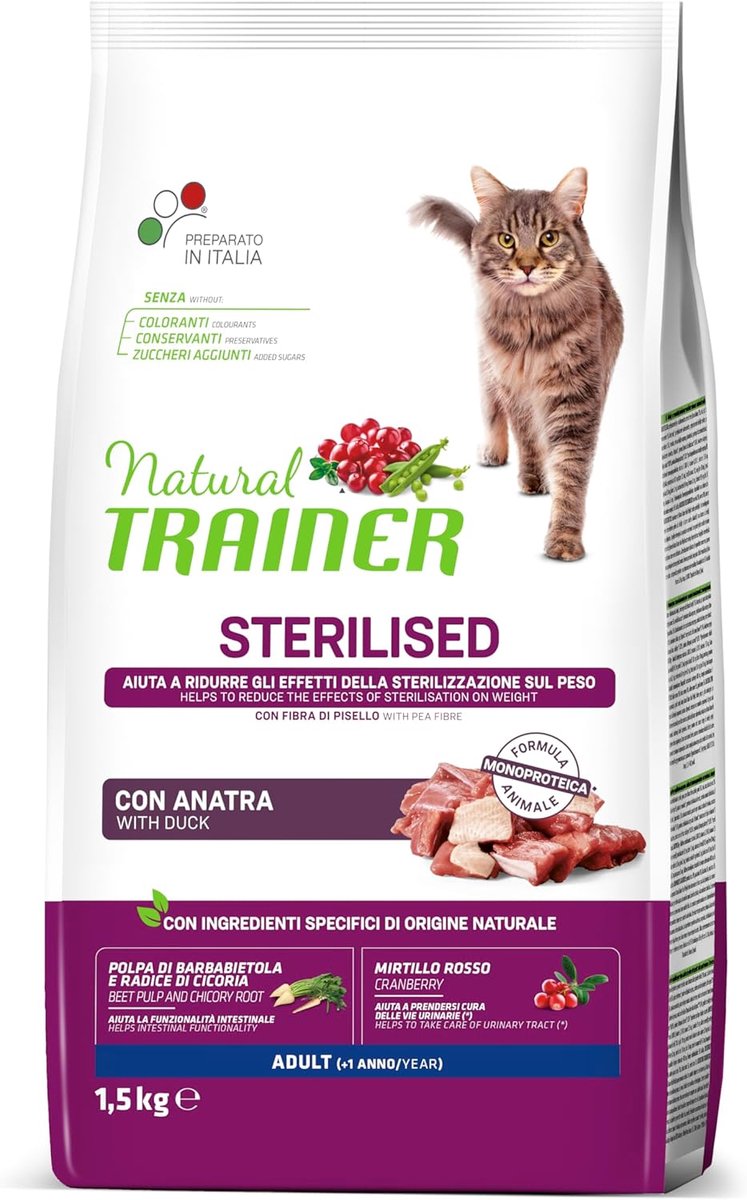 SnelShoppen - Trainer kattenvoer voor gesteriliseerde katten – monoprotein formule met eend – 1,5 kg – droogvoer voor volwassen katten, ondersteunt ur