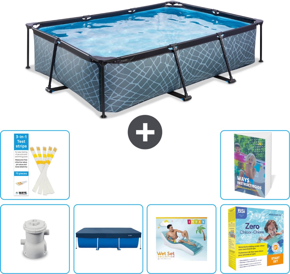 EXIT Rechthoekig Stone Frame Zwembad - 300 x 200 x 65 cm - Inclusief Pomp - Afdekzeil - Loungebed - Onderhoudspakket - 7-delig