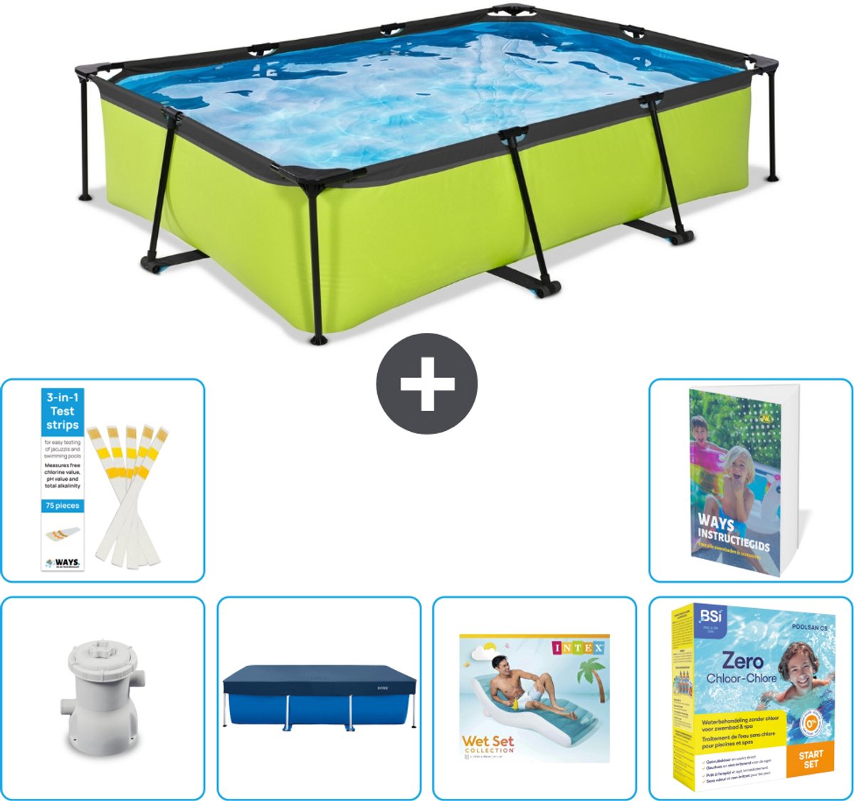 EXIT Rechthoekig Lime Frame Zwembad - 300 x 200 x 65 cm - Inclusief Pomp - Afdekzeil - Loungebed - Onderhoudspakket - 7-delig