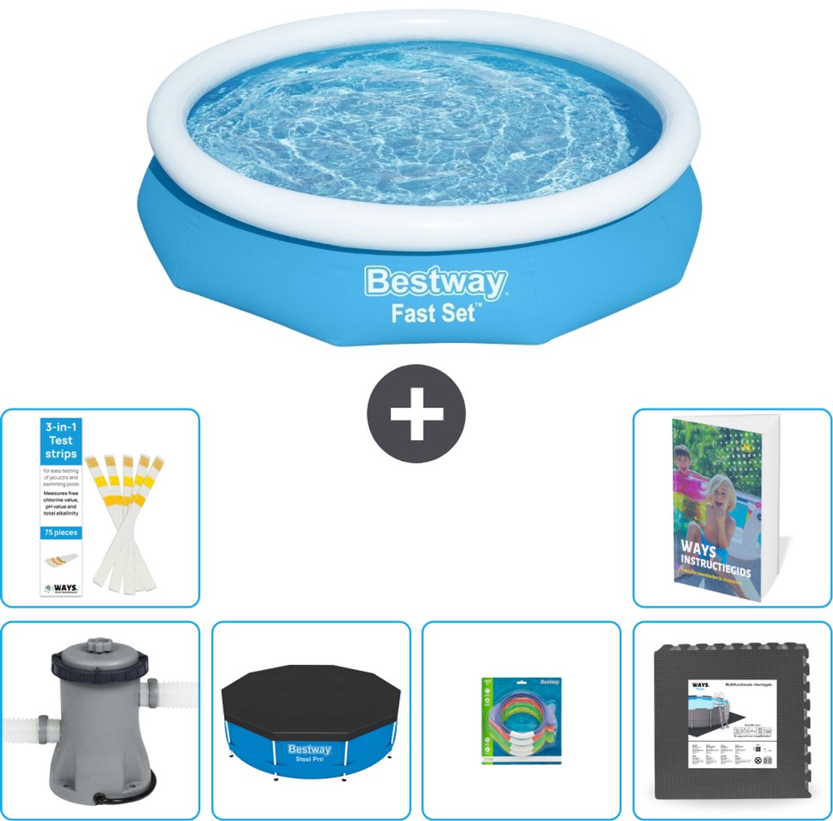 Bestway Rond Opblaasbaar Fast Set Zwembad - 305 x 66 cm - Blauw - Inclusief Pomp - Afdekzeil - Speelgoed - Vloertegels - 7-delig