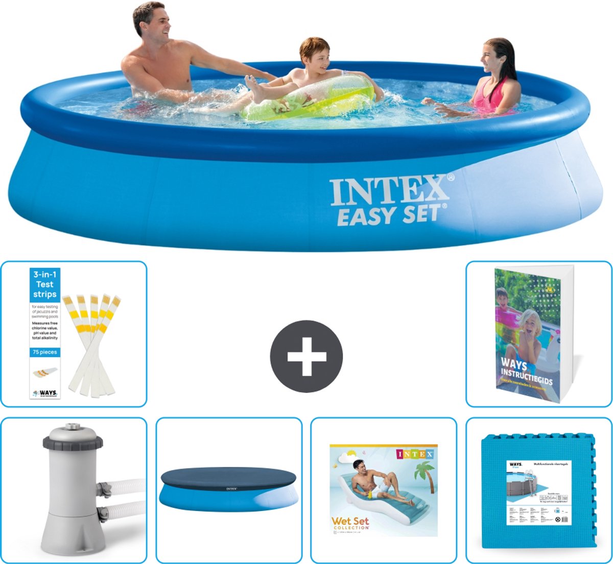 Intex Rond Opblaasbaar Easy Set Zwembad - 366 x 76 cm - Blauw - Inclusief Pomp - Afdekzeil - Loungebed - Vloertegels - 7-delig