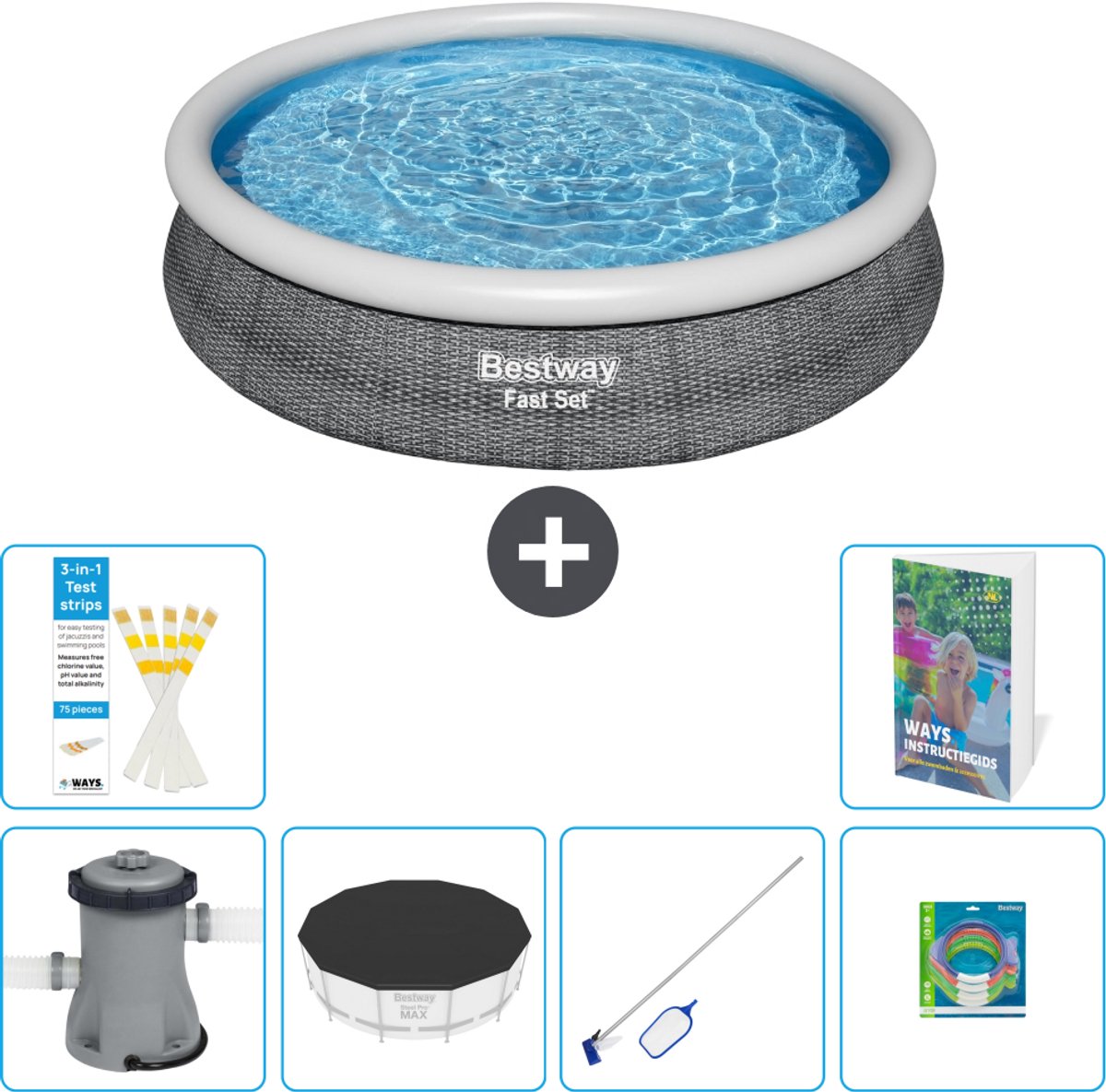 Bestway Rond Opblaasbaar Fast Set Zwembad - Rotanprint - 366 x 76 cm - Inclusief Pomp - Afdekzeil - Schoonmaakset - Speelgoed - 7-delig