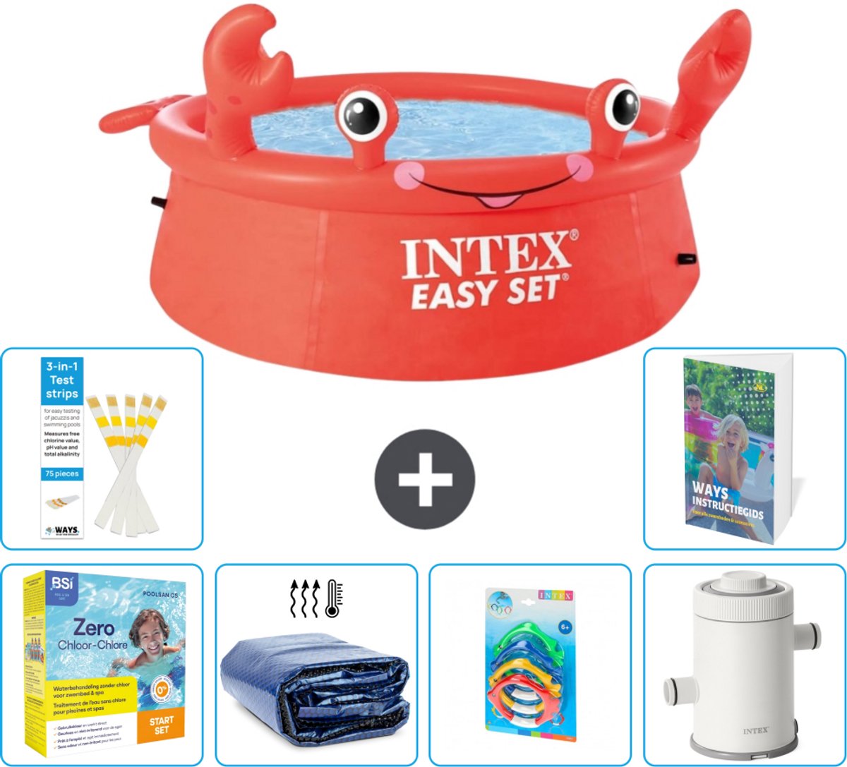 Intex Rond Opblaasbaar Easy Set Zwembad - 183 x 51 cm - Rood - Krab - Inclusief Onderhoudspakket - Solarzeil - Speelgoed - Zwembadfilterpomp - 7-delig