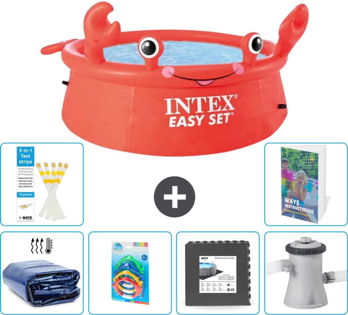 Intex Rond Opblaasbaar Easy Set Zwembad - 183 x 51 cm - Rood - Krab - Inclusief Solarzeil - Speelgoed - Vloertegels - Zwembadfilterpomp - 7-delig