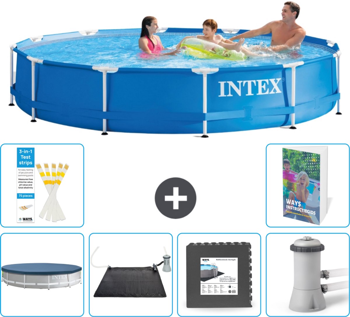 Intex Rond Frame Zwembad - 366 x 76 cm - Blauw - Inclusief Afdekzeil - Solar Mat - Vloertegels - Zwembadfilterpomp - 7-delig