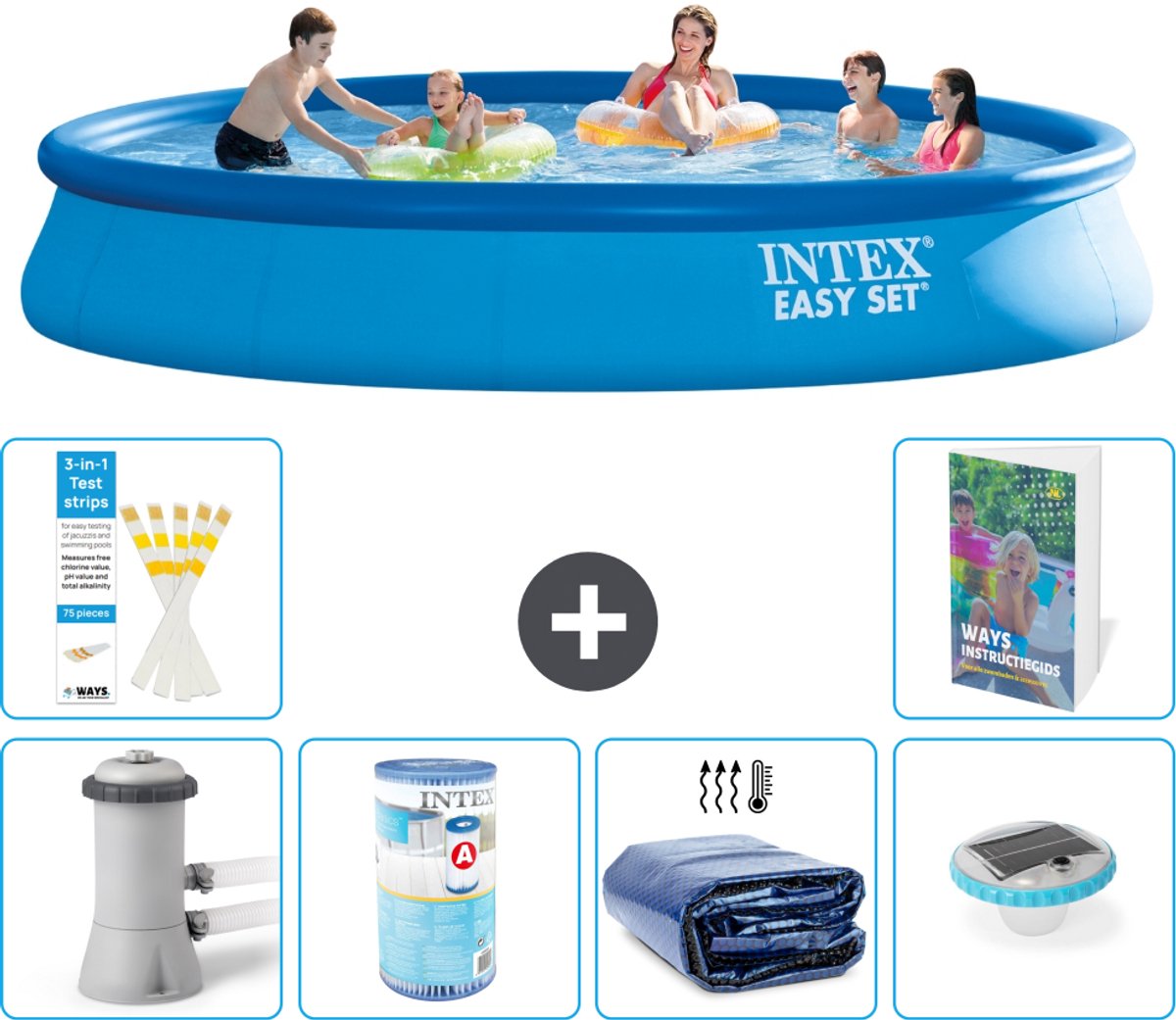 Intex Rond Opblaasbaar Easy Set Zwembad - 457 x 84 cm - Blauw - Inclusief Pomp - Filter - Solarzeil - Verlichting - 7-delig