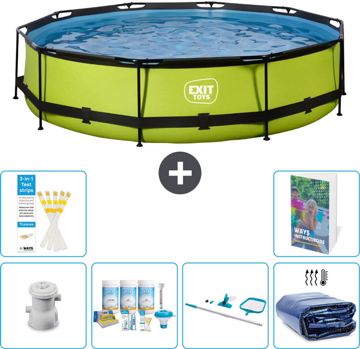 EXIT Rond Lime Frame Zwembad - 360 x 76 cm - Inclusief Pomp - Onderhoudspakket - Schoonmaakset - Solarzeil - 7-delig