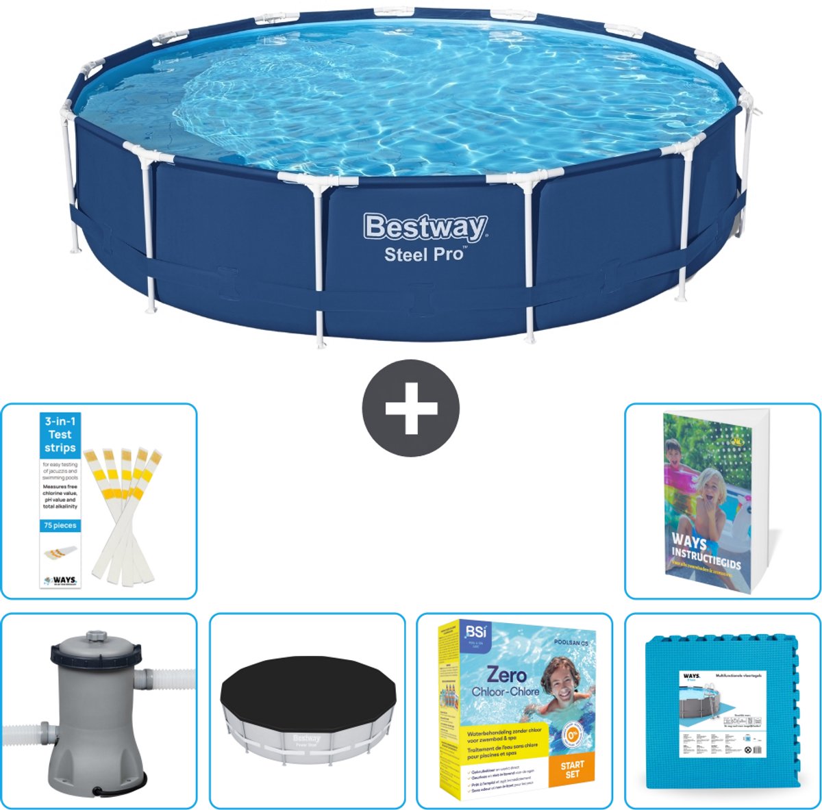 Bestway Rond Steel Pro Zwembad - 396 x 84 cm - Blauw - Inclusief Pomp - Afdekzeil - Onderhoudspakket - Vloertegels - 7-delig