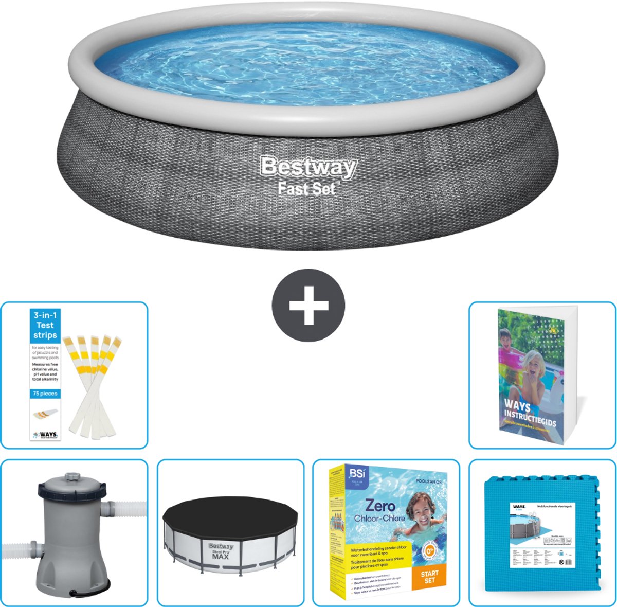 Bestway Rond Opblaasbaar Fast Set Zwembad - Rotanprint - 457 x 84 cm - Inclusief Pomp - Afdekzeil - Onderhoudspakket - Vloertegels - 7-delig