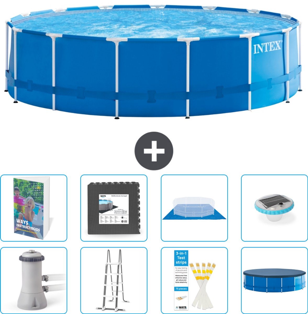 Intex Rond Frame Zwembad - 457 x 122 cm - Blauw - Inclusief Pomp - Ladder - Grondzeil - Afdekzeil - Vloertegels - Verlichting - 9-delig