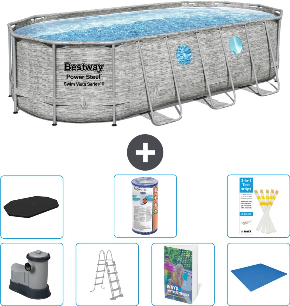 Bestway Ovaal Power Steel Swim Vista Zwembad - Steenprint - 549 x 274 x 122 - Inclusief Pomp - Ladder - Afdekzeil - Filter - Grondzeil - 8-delig