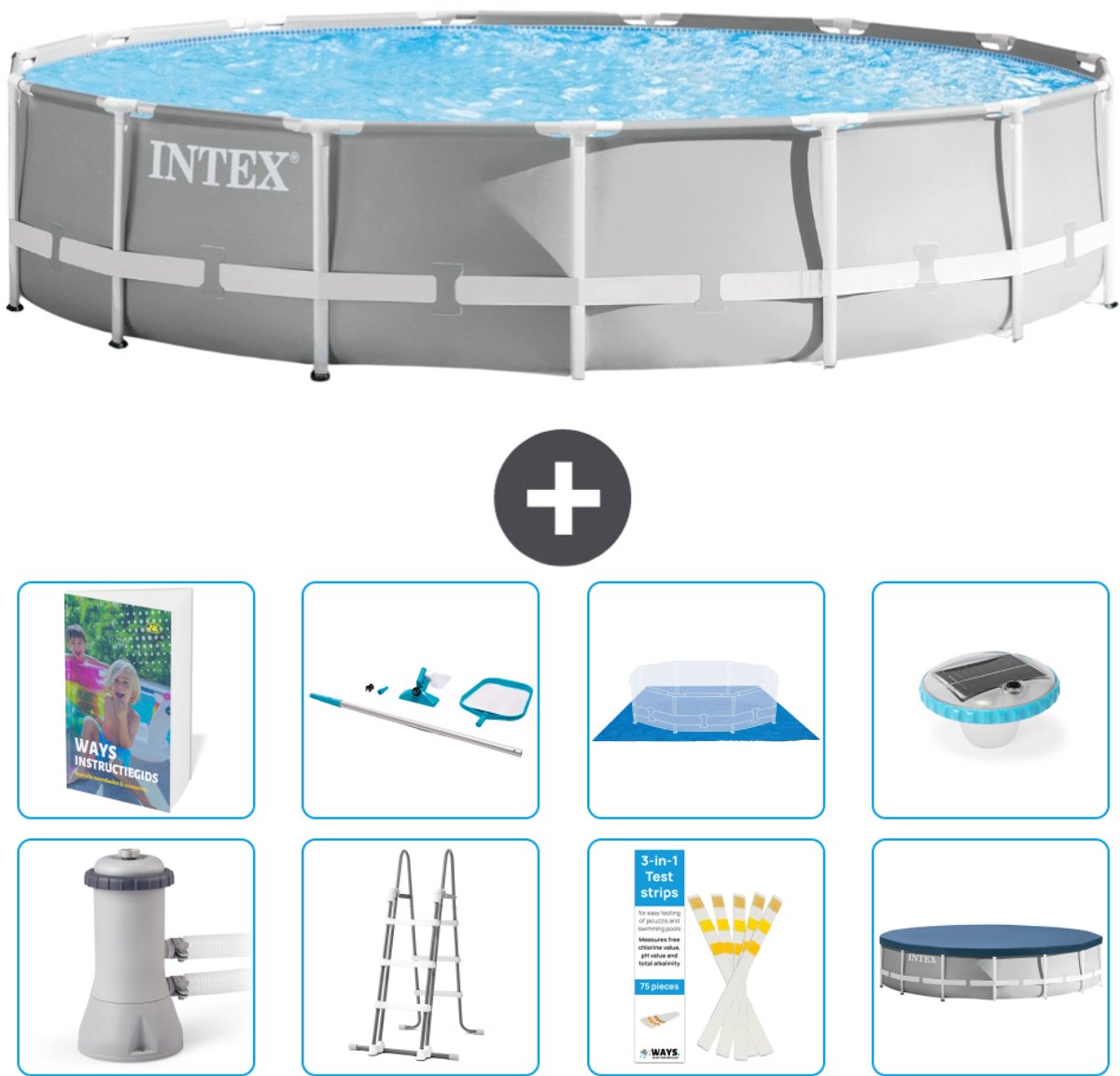 Intex Rond Prism Frame Zwembad - 457 x 107 cm - Grijs - Inclusief Pomp - Ladder - Grondzeil - Afdekzeil - Schoonmaakset - Verlichting - 9-delig