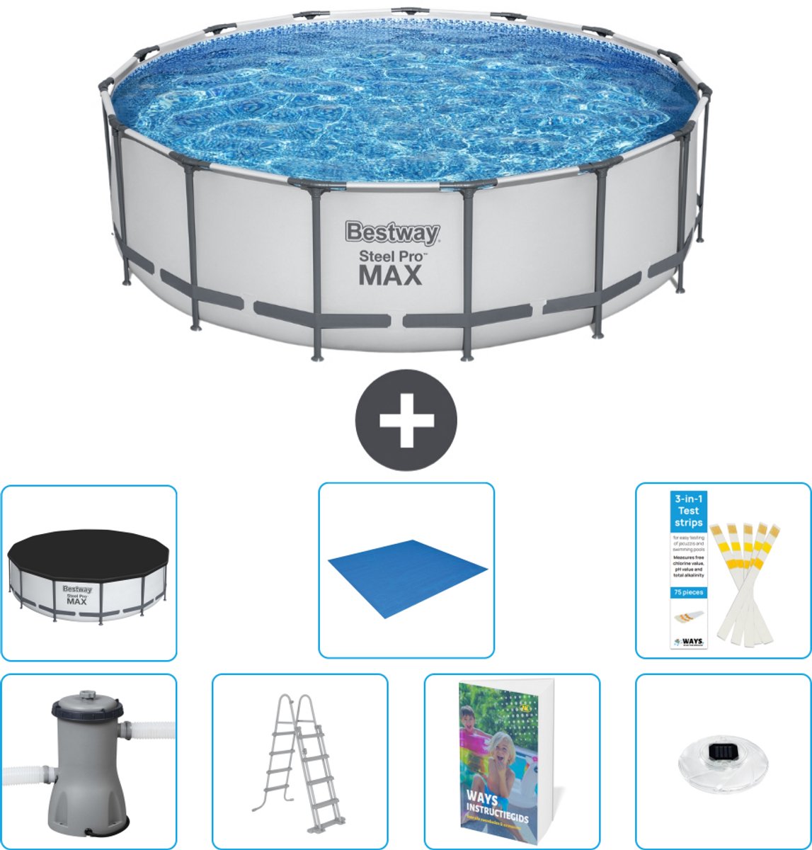 Bestway Rond Steel Pro MAX Zwembad - 457 x 122 cm - Grijs - Inclusief Pomp - Ladder - Afdekzeil - Grondzeil - Verlichting - 8-delig