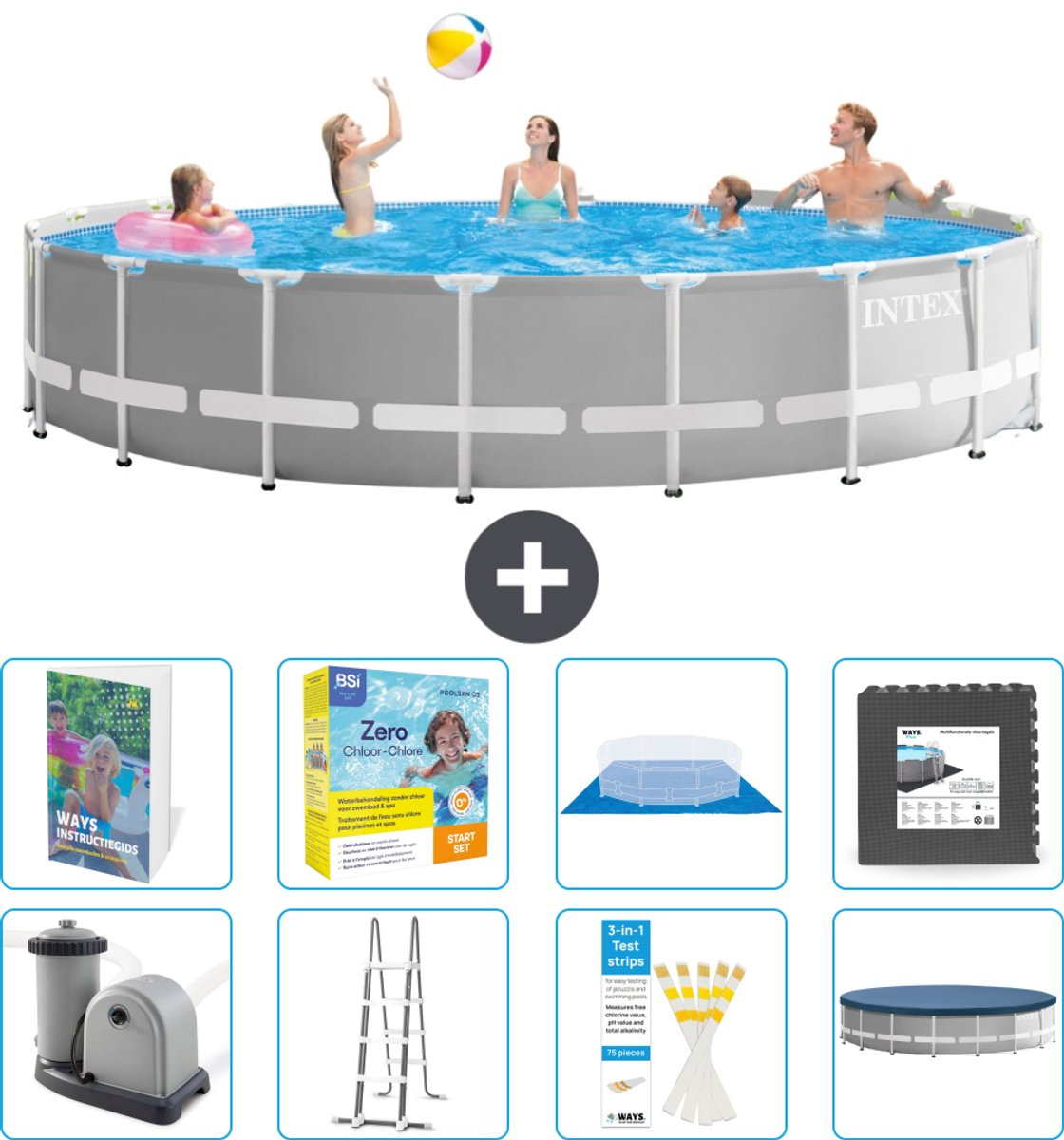 Intex Rond Prism Frame Zwembad - 548 x 122 cm - Grijs - Inclusief Pomp - Ladder - Grondzeil - Afdekzeil - Onderhoudspakket - Vloertegels - 9-delig