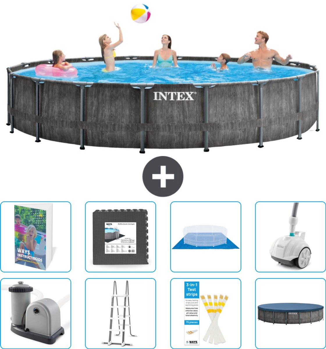 Intex Rond Prism Frame Greywood Zwembad - 549 x 122 cm - Inclusief Pomp - Ladder - Grondzeil - Afdekzeil - Vloertegels - Stofzuiger - 9-delig