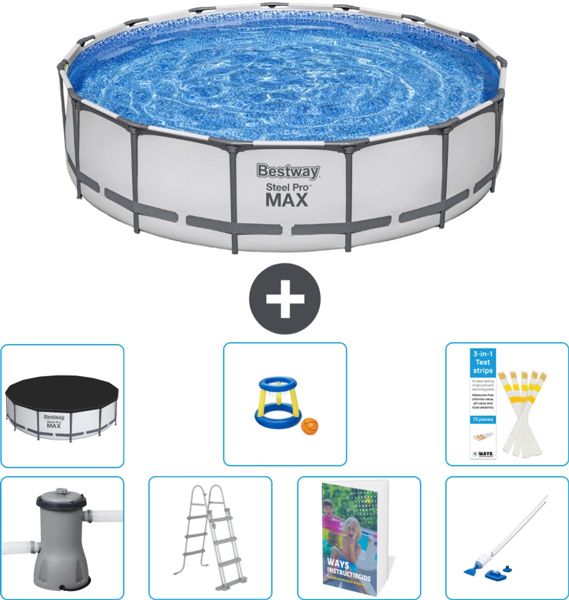 Bestway Rond Steel Pro MAX Zwembad - 457 x 107 cm - Grijs - Inclusief Pomp - Ladder - Afdekzeil - Speelgoed - Stofzuiger - 8-delig