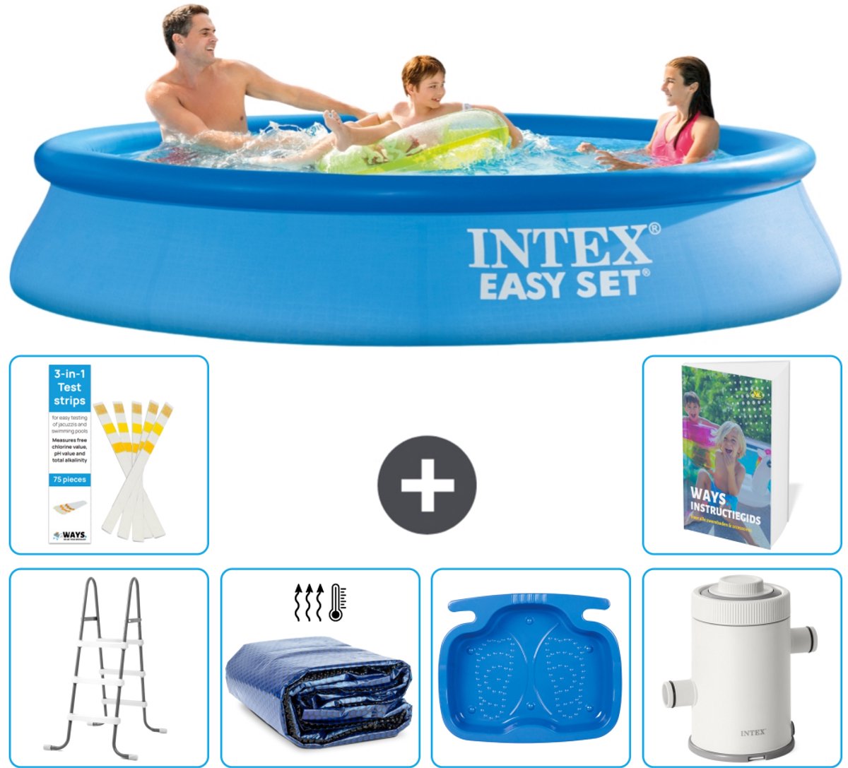 Intex Rond Opblaasbaar Easy Set Zwembad - 305 x 61 cm - Blauw - Inclusief Ladder - Solarzeil - Voetenbad - Zwembadfilterpomp - 7-delig