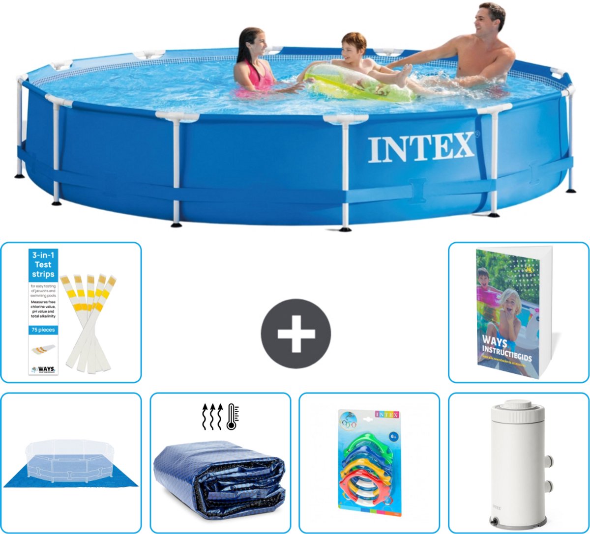 Intex Rond Frame Zwembad - 366 x 76 cm - Blauw - Inclusief Grondzeil - Solarzeil - Speelgoed - Zwembadfilterpomp - 7-delig